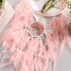 Dream Catcher, Handmade Dreamcatcher with Healing Crystal Stone, Tree of Life Dream Catchers Hanging Ornament for Home Bedroom Birthday Party, Perfect Craft Gift for Kids (Double Pink)
