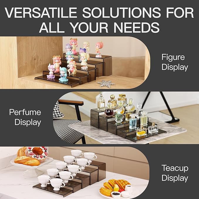 ANDGOO 10 Pack Large Acrylic Display Risers Stands, 2 Set(10”L~11”L~12”L) Clear Black Cupcake Holder Stand, Easy to Store Clear Perfume Display Stand, Display Risers for Home Decoration Retail Stores