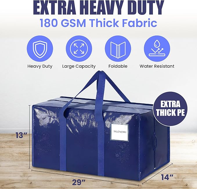 6 Pack Extra Heavy Duty Large Moving Bags with Strong Zipper & Comfortable Handles - Sturdy & Durable Clothes Storage Bags Totes Bins - Large Storage Totes for Dorm, Space Saving - (Dark Blue)