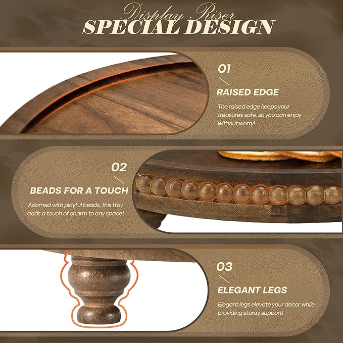 EOSAHR Acacia Wood Beaded Round Display Riser for Room Decor – 3-Leg Wooden Pedestal Stand for Coffee Table Decor, Cake Stand, Perfume & Vanity Organizer – Boho Home Decor for Kicthen Counter (Acacia Wood)