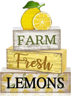 Moucuny 4 Pcs Summer Lemon Decor Summer Table Decorations Farm Fresh Lemons Wooden Stacked Block Decor Rustic Summertime Tiered Tray Decoration Fruits Centerpiece for Home Kitchen Dining Room Mantel