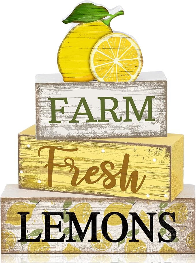 Moucuny 4 Pcs Summer Lemon Decor Summer Table Decorations Farm Fresh Lemons Wooden Stacked Block Decor Rustic Summertime Tiered Tray Decoration Fruits Centerpiece for Home Kitchen Dining Room Mantel