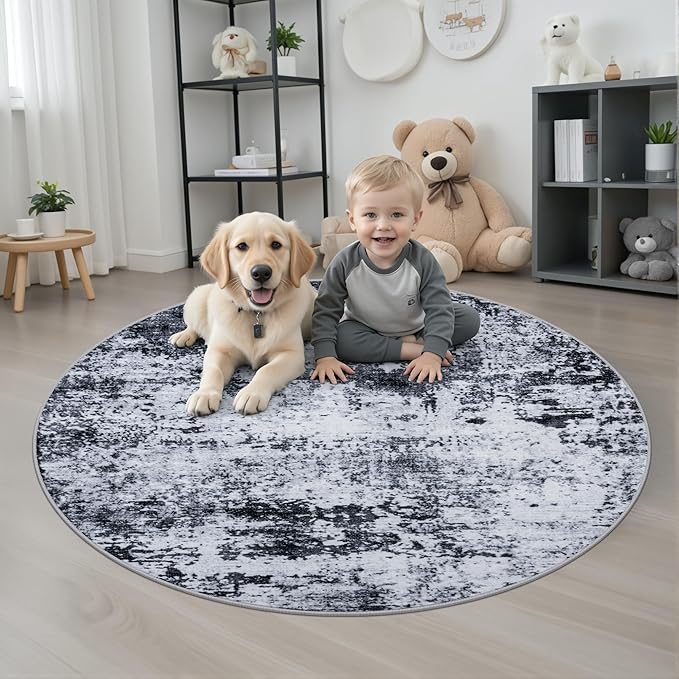 Round Area Rug for Living Room: 5 ft Washable Modern Abstract Soft Thin Rug Indoor Floor No Slip Stain Resistant Carpet for Bedroom Dining Room Farmhouse Nursery Home Office - Black