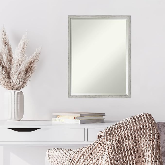 Amanti Art White Wall Mirror 25x19 Shiplap White Narrow Rectangle Bathroom Mirror for Wall Decor Living Room, Medium Cottage Wood Frame, Hangs Horizonally and Vertically, Bathroom Decor, Beveled Edge
