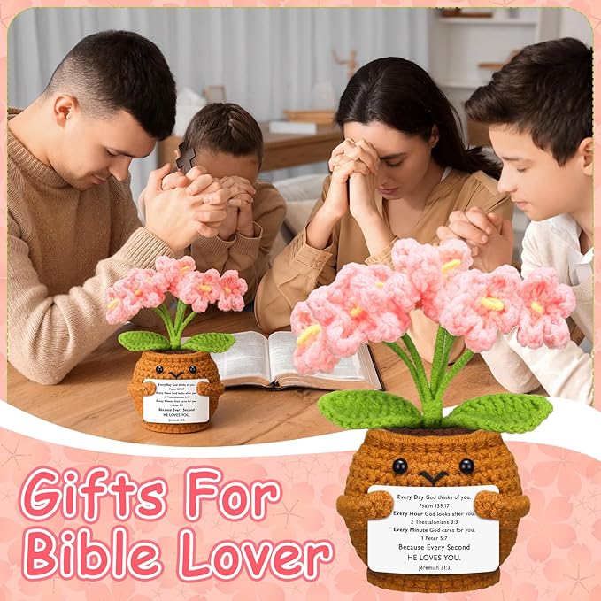 Wavwavw Christian Gift for Women Positive Handmade Crochet Doll with Bible Verse Prayer Card Inspirational Scripture Religious Crochet for Christmas Sunday Group Church(Not Forget Me)