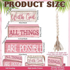 Yuntau 4 Pcs Farmhouse Tabletop Decor Wooden Rustic Inspirational Bible Verse Quotes with God All Things are Possible Decorative Pink Coquette Tiered Tray Decor Christian Gift for Women Home Shelf
