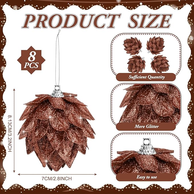 Jetec 8 Pieces Christmas Ornaments Glitter Christmas Tree Hanging Decoration Decorative Artificial Pine Cones Flowers Hanging Ornaments for Winter Wreath Holiday Decor(Brown Gold Color)