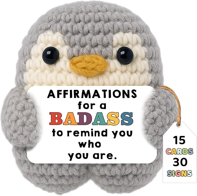 Funny Friendship Gift - Cute Crochet Penguin with 30 Badass Affirmation Cards for Women Best Friends Bestie Coworkers - Birthday Gifts, Easter Basket Stuffers, Emotional Support Animal Gift for Her