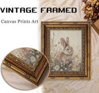 Vintage Gold Framed Bunny Wall Art, Spring Rabbit and Wildflowers Cottagecore Painting Canvas Print, Country Animal Picture Wall Decor, Rustic Farmhouse Floral Poster Artwork for Living Room Bedroom