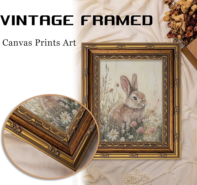 Vintage Gold Framed Bunny Wall Art, Spring Rabbit and Wildflowers Cottagecore Painting Canvas Print, Country Animal Picture Wall Decor, Rustic Farmhouse Floral Poster Artwork for Living Room Bedroom