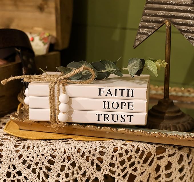 3 Pieces Wooden Decorative White Books, Rustic Farmhouse Faux Books for Coffee Table Shelves with Wood Bead Tassels and Leaves, 7'x 4.6'x 2.5' (Faith, Hope, Trust)