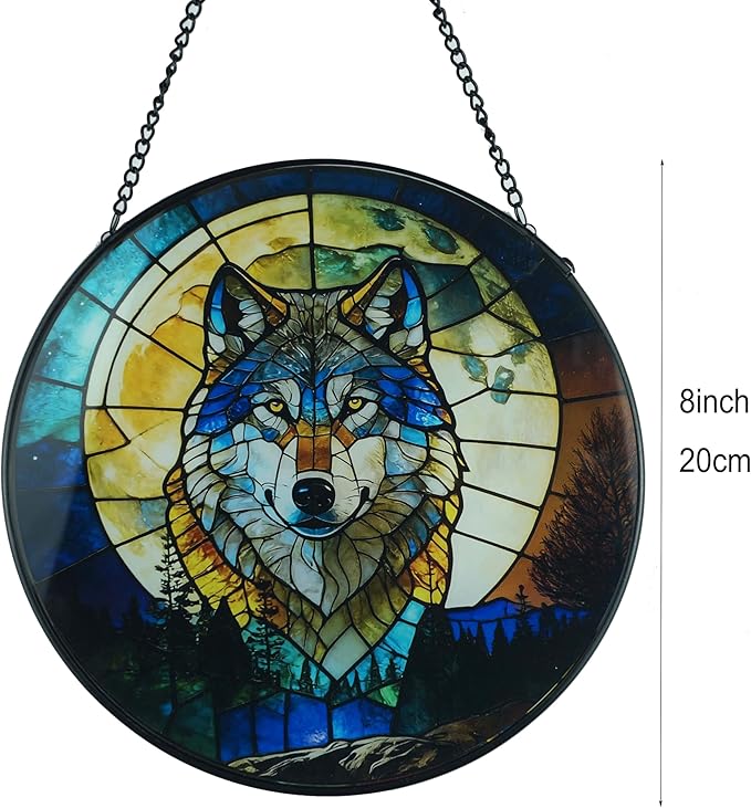 Stained Glass Window Hanging, Stained Glass Suncatcher, Sun Catcher, Window Hanging Decor, Gifts for Fathers Day or Mathers Day, Christmas or Birthday Gift, Gifts for Friend (Wolf W/Moon)