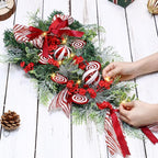 Yunlly 28" Pre Lit Christmas Teardrop Swag Battery Operated Christmas Swag with Lights, Red and White Bowknot, Swirl Candy Cane Ball, Xmas Wreath Ornament for Indoor Outdoor Front Door Decoration