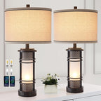 AIEAMPDO Set of 2 Modern Table Lamps for Living Room, Contemporary Nightstand Lamp with Dual USB Port, Bedside Lamps with White Frosted Glass Night Light for Bedroom, 4 Bulbs Included (Black)