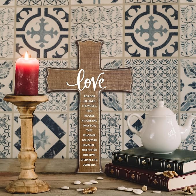 dsjaidh Cross Wall Decor - Wood Color Scripture Wooden Cross For Wall - Rustic Wooden Hanging Signs Christian Easter Decor for Home Office Church Baptism - Christian Gifts for Men Women (Love)- A03