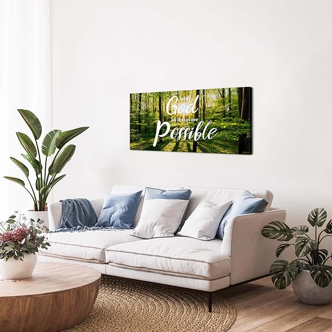 Christian Wall Decor Bible Verse Wall Art With God All Things are Possible Wall Decor Nature Sunrise Forest Painting Religious Canvas Prints Artwork for Living Room Bedroom Home Decoration 20x40"