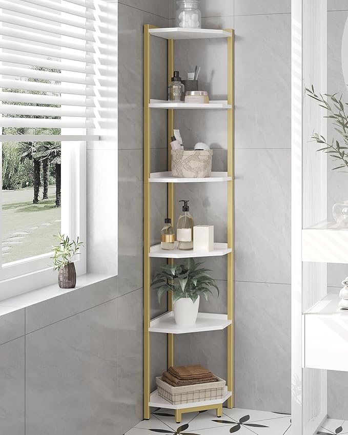 Hzuaneri Corner Shelf Stand, Corner Bookshelf, Storage Standing Shelf Unit with Metal Frame, Plant Stand, Bookcase for Living Room, Home Office, Bedroom, 6-Tier White Gold CS06003A