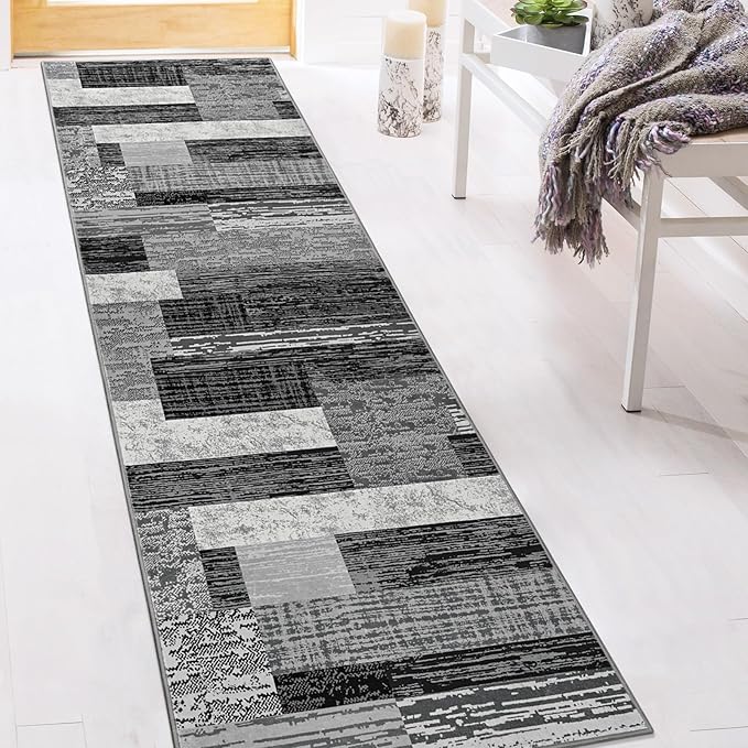 FlyDOIT Modern Geometric Patchwork Area Rug, 2.7x10 Grey Runner Rugs for Living Room, Rockwood Collection Indoor Rugs for Bedroom, Throw Carpet Floor Decor for Entryway Dining Room Office Nursery