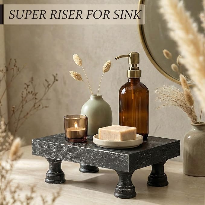 EOSAHR Stylish Rustic Pine Wood Riser Display Stand for Home Decor - Boho Pedestal Stand Can be used as Plant Stand & Cake Stand - Farmhouse Decor Bathroom Accessories Essentials(Old Black)