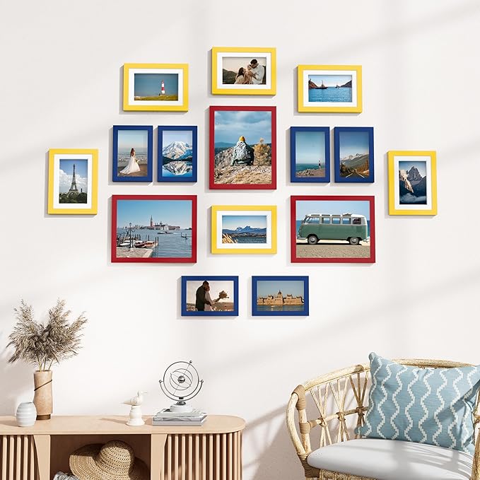 Vittanly 15 Pack Picture Frames Collage Wall Decor, Multi Sizes Including 3pcs 8x10, 6pcs 5x7 and 6pcs 4x6 Photo Frames, Gallery Frame Set for Wall or Tabletop Display, Red, Yellow and Blue
