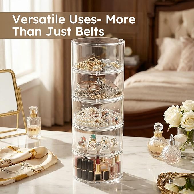 FEMELI Belt Organizer, Acrylic Belt Storage Holder for Closet & Drawer, 4-Layer Stackable Display Case for Belts, Watches, Jewelry and Ties