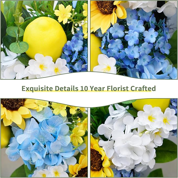 24in Spring Summer Wreaths for Front Door, Artificial Sunflower Lemon Wreath with Blue Hydrangeas, Luxury Colorful Floral Wreath for Indoor Outdoor Farmhouse Home Wall Porch Window Summer Wreath