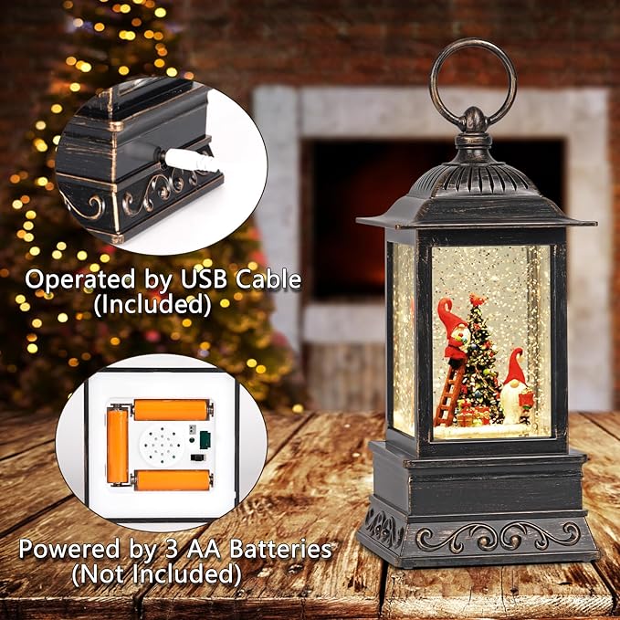 Christmas Snow Globe Decorations, Musical Glitter Red Gnome Lantern with 6H Timer, USB/Battery Powered Lighted Décor for Home, Tabletop, Gift Box