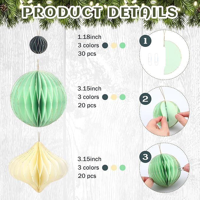 TecUnite 50 Pcs Christmas Paper Honeycomb Ornaments for Tree Vintage 3D Mini Glitter Edge Paper Christmas Ornament Honeycomb Tree Hanging Neutral Boho Holiday Xmas Party Decoration(White, Green)
