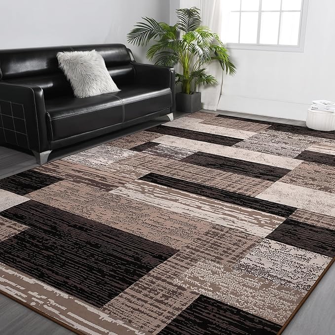FlyDOIT Modern Geometric Patchwork Area Rug, 8x10 Chocolate Large Rugs for Living Room, Rockwood Collection Indoor Rugs for Bedroom, Throw Carpet Floor Decor for Entryway Dining Room Office Nursery
