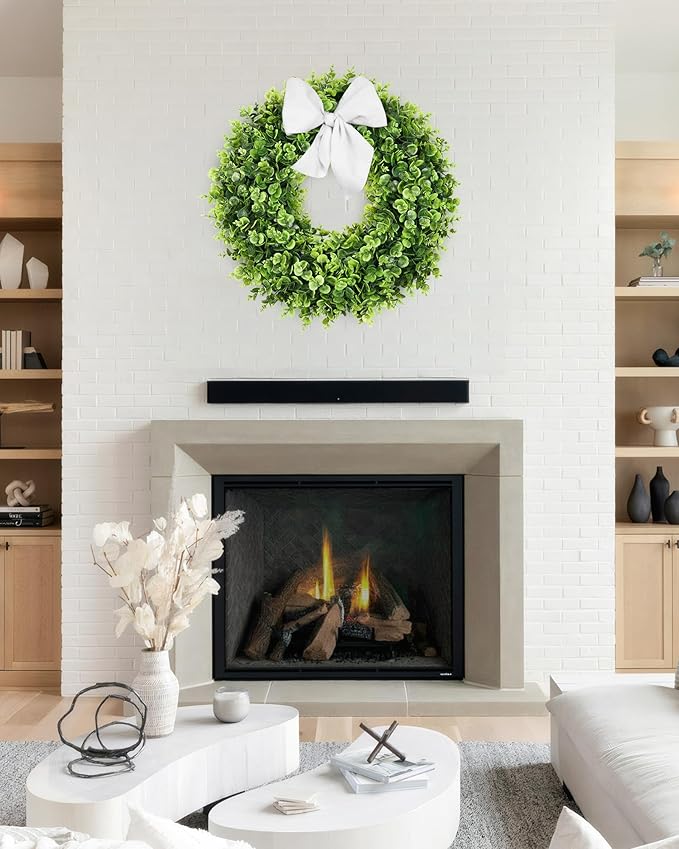 Vlorart 25" Faux Round Boxwood Wreath, Artificial Boxwood Wreath Front Door Wreaths Artificial Spring Summer Greenery Hanging with sash for Front Door Wall Hanging Window Wedding Decor