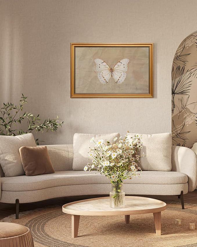 VIYYIEA Vintage Gold Framed Wall Art for Living Room, White Butterfly Canvas Prints Home Decor, Oil Painting Picture, Bedroom Wall Decor Gifts for Friends or Family -【Morpho polyphemus】-(24L x 16W)