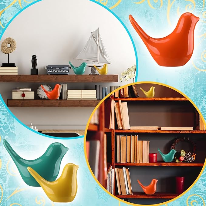 AceOrbit 3pcs Mid Century Modern Decor Medieval Table Decor Ceramic Birds Orange Blue and Yellow Ceramic Birds for Home Office Table Desktop Bookshelf Mantelpiece Shelf Centerpiece