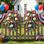 2 Pack 21'' Patriotic Teardrop Swag Wreaths for Cabinets Artificial 4th of July Swag Wreath with White Roses Red Blue Spike Flowers Eucalyptus Leaves for Independence Day Memorial Day Front Door Porch