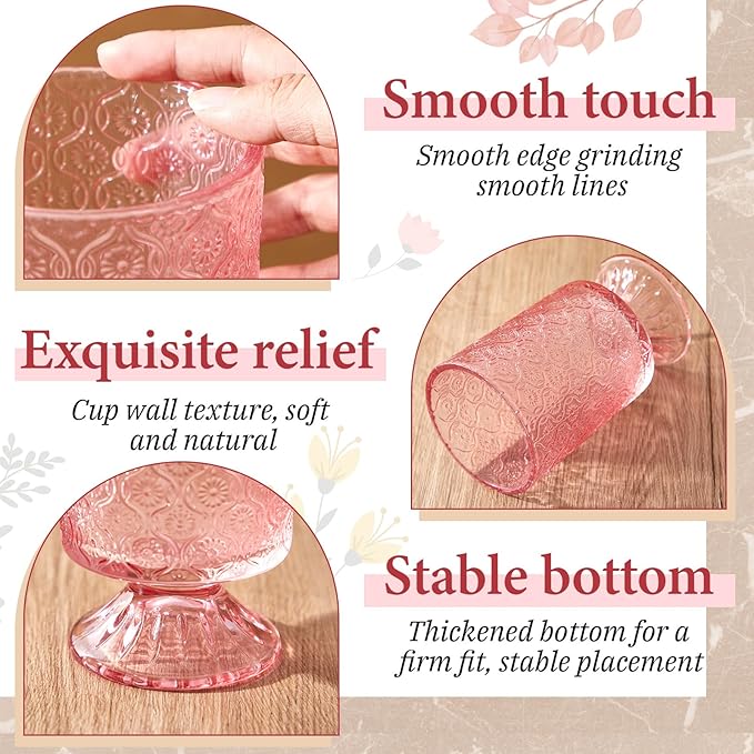6 Pcs (H:7" W:4") Embossed Flower Vase Pedestal Glass Vase Big Base Thickened Crystal Vintage Vases for Valentines Day Wedding Home Decor Table Centerpiece House Warming Gifts(Pink)