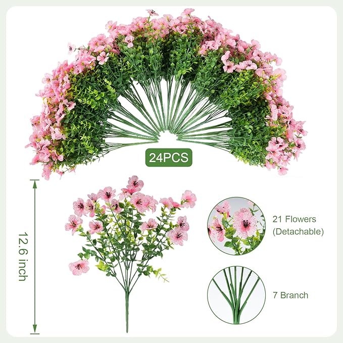 24 Bundles Artificial Flowers for Outdoor Realistic Faux Flower Spring Summer Garden Home Decoration, Hanging Daisy with Eucalyptus Leaves Fake Plants Greenery Balcony Porch Patio Front Door Decor