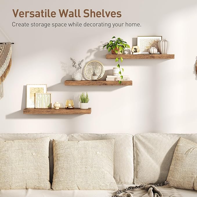 RALGEND Floating Shelves for Wall, 1.5" Thick Wall Shelf Set of 3 with Invisible Brackets, 23.6L x 7.9W Hanging Shelves Farmhouse Home Decor for Bathroom, Living Room, Bedroom, Rustic Brown 6301BJP3BF