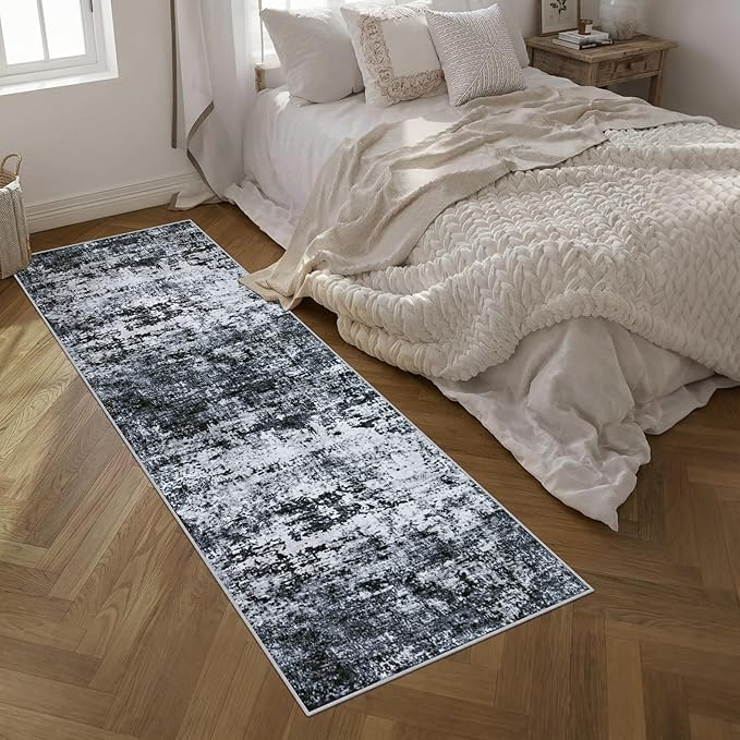 2.6'x10' Runner Rug Washable Rug: Modern Abstract Soft Thin Runner Rug Black