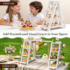 Wooden 3 Tiered Dessert Tray Stand Tool Free, Cupcake Serving Ladder Display Stand with Swing, Removable Trays and Foldable Stand for Cake Snack Fruit at Weddings, Anniversaries, Parties, Celebrations (White)