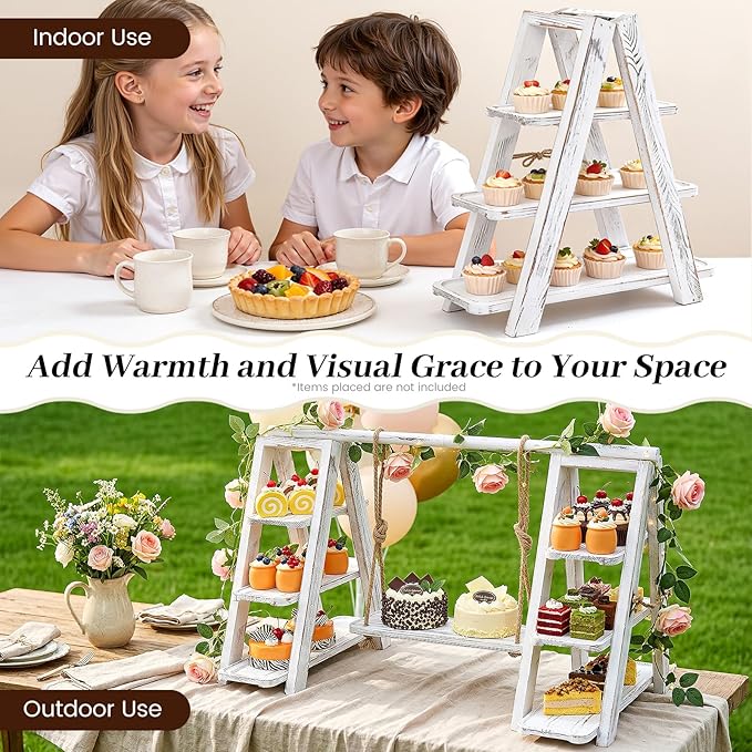 Wooden 3 Tiered Dessert Tray Stand Tool Free, Cupcake Serving Ladder Display Stand with Swing, Removable Trays and Foldable Stand for Cake Snack Fruit at Weddings, Anniversaries, Parties, Celebrations (White)