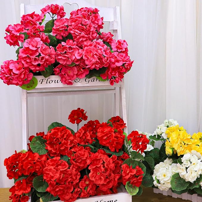 Artificial Geraniums Flowers for Outdoors Spring Decor, 4 Bundles UV Resistant Fake Geraniums Flowers Silk Faux Plants for Home Planter Gardens Table Patio Porch Indoor Cemetery Summer Decor(Color)