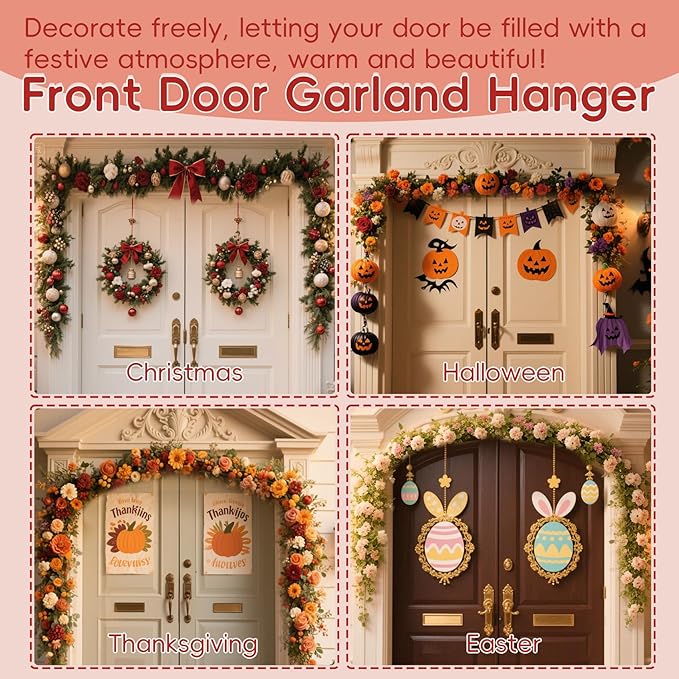 Front Door Garland Hanger Suitable for 32"-80" Width Doors, Tool-Free Non-Destructive Adjustable Hanger for Valentine's Day Wreaths, Heart Decorations, String Lights