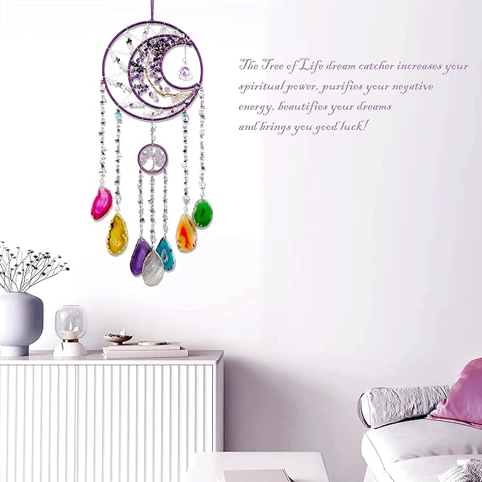 Large Dream Catchers, Crystal Tree of Life Dreamcatcher with Rainbow Healing Agate Slice Wind Chime Suncatcher for Windows Hangings Prism Decoration Gifts for Adult Girls Bedroom Garden Room Decor