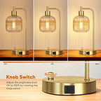 QiMH Industrial Table Lamp for Bedroom Set of 2, Champagne Glass Beside Lamp with USB A&C Ports, Stepless Dimmable Gold Lamps, Nightstand Lamps for Living Room, Office, Home Decor(Bulb Included)