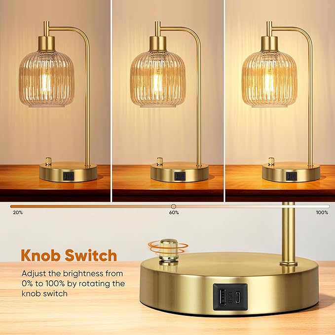 QiMH Industrial Table Lamp for Bedroom Set of 2, Champagne Glass Beside Lamp with USB A&C Ports, Stepless Dimmable Gold Lamps, Nightstand Lamps for Living Room, Office, Home Decor(Bulb Included)