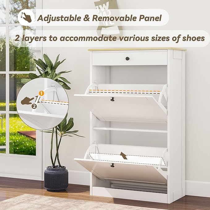 Shoe Cabinet with 2 Flip Drawers, Slim Wooden Hidden Shoe Organizer with Drawer, Pet-Proof Narrow Shoe Storage Cabinet for Entryway Living Room Behind The Door