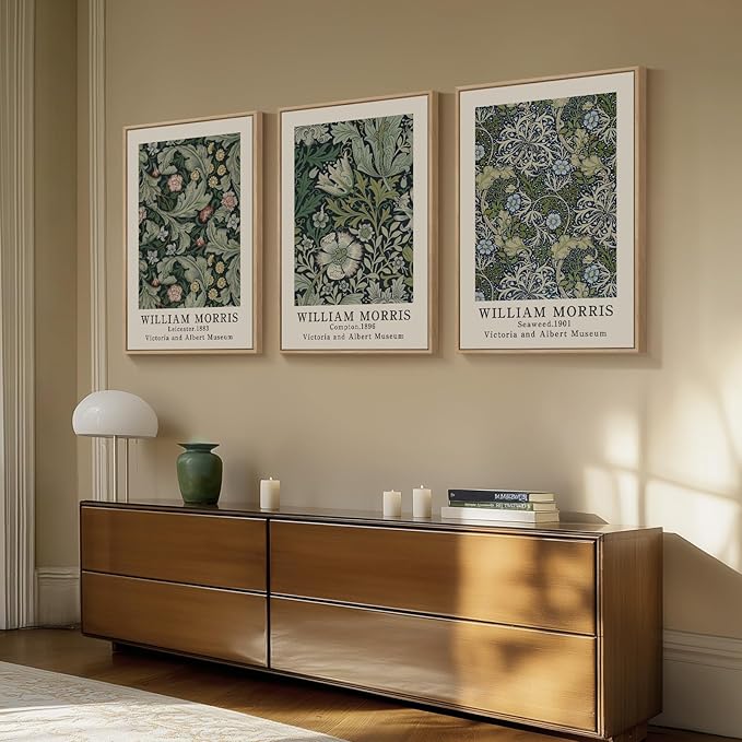 Framed William Morris Canvas Wall Art Set of 3, Green Vintage Floral Prints, Boho Farmhouse Botanical Decor for Living Room Bedroom Hallway Office, 16x24 Inch