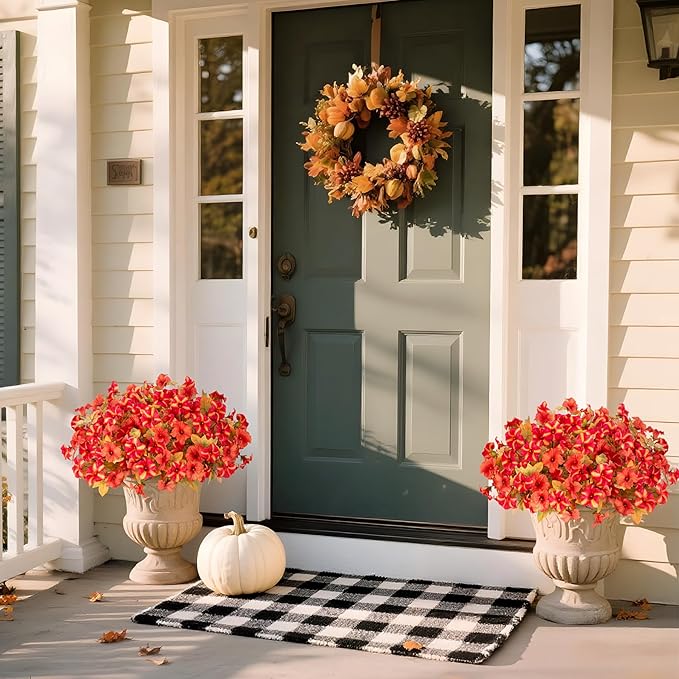 8 Bundles Fake Fall Flowers Artificial Plants for Outdoor Decorations, Faux Fall Petunias Flowers for Outside UV Resistant Realistic Planters for Garden Porch Patio Indoor Autumn Decor(Orange Red)
