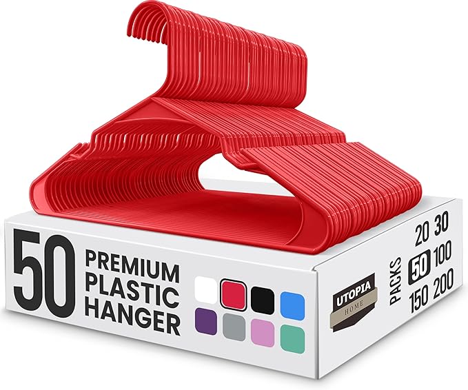 Utopia Home Plastic Hangers 50 Pack - Perfect Space Saving Clothes Hanger - Durable and Strong - Perfect Closet Organizers with Shoulder Grooves (Red)