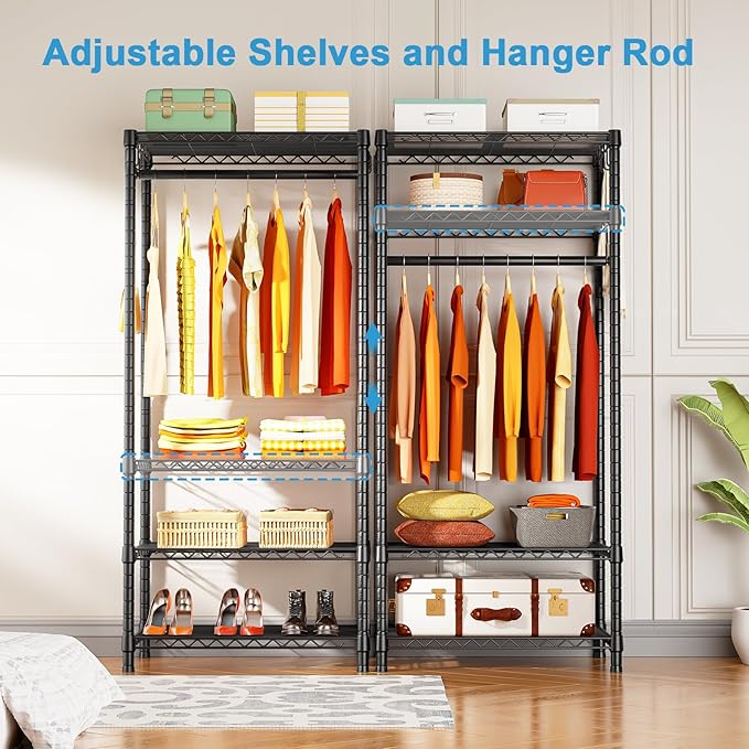 Ulif H4 Mini Portable Closet, 4 Tiers Freestanding Clothing Garment Rack for Small Space, Metal Clothes Wardrobe System for Bedroom, 23.6" W x 14" D x 76.4" H, Load 502 lbs, Black
