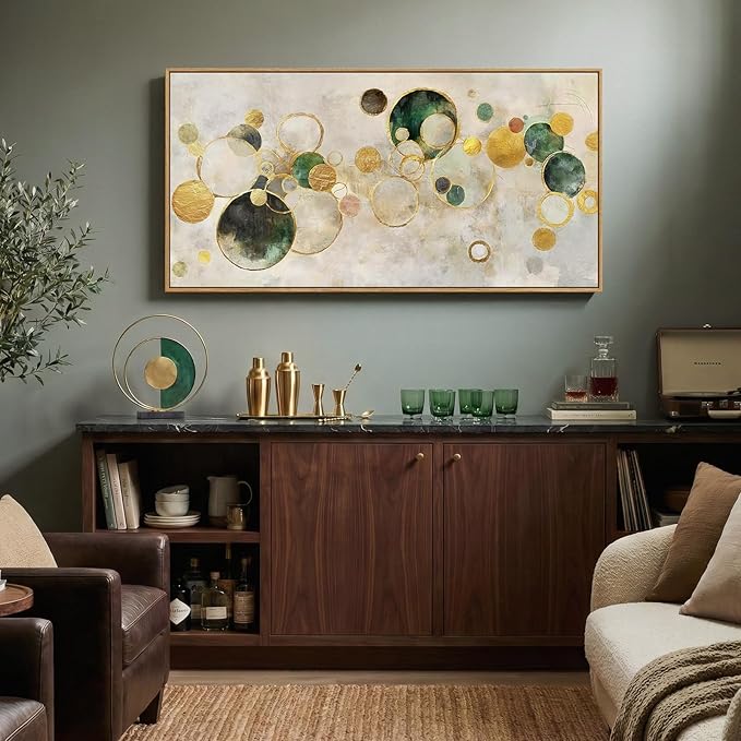 Extra Large Framed Abstract Canvas Wall Art for Living Room, Oversized Horizontal Prints Paintings Artwork for walls, Modern Gold Circle Pictures Wall Decor for Bedroom, Office, Dining Room 30x60 In